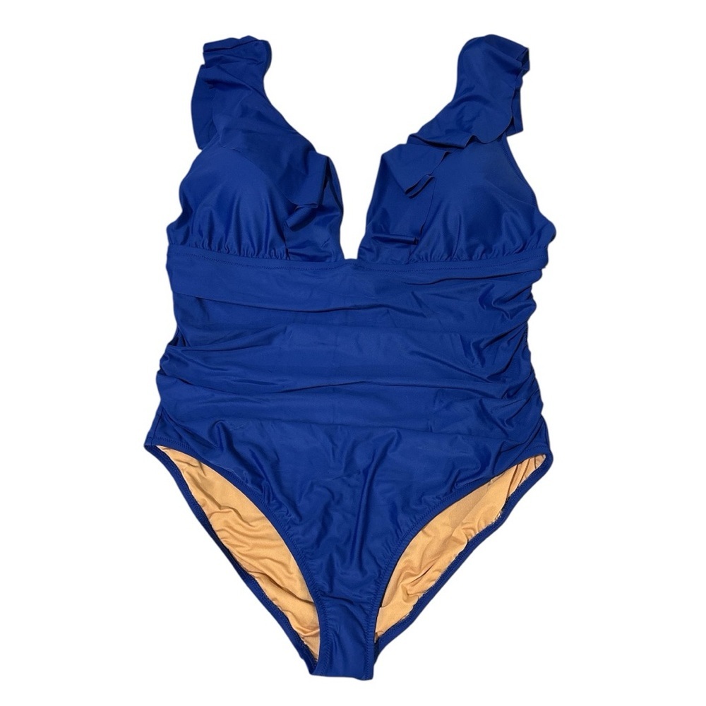 J. Crew swimsuit one-piece deep V-neck ruffles blue ruched sides new size 22